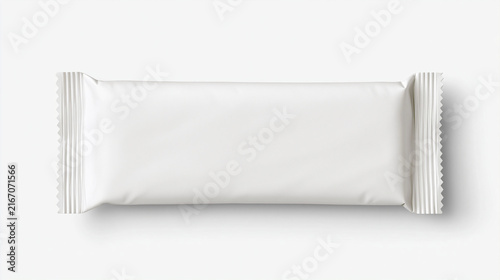 Blank white snack bar package displayed prominently on clean background, mockup template for food packaging design