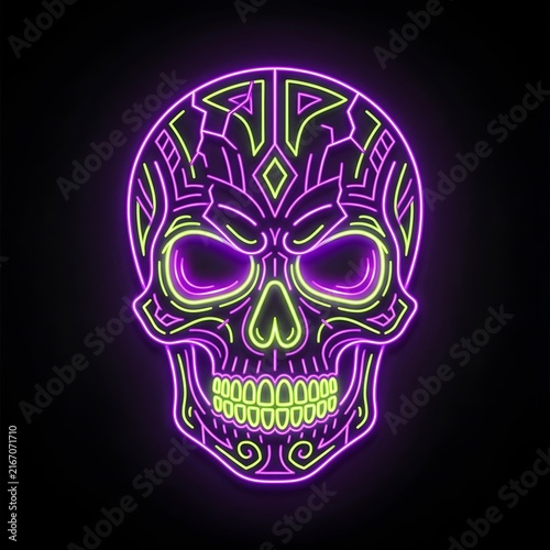 Neon skull vector art with glowing purple and green geometric tribal patterns on black
