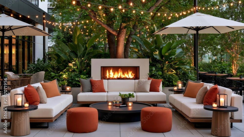 Fototapeta premium Luxury outdoor patio lounge with modern fireplace at night