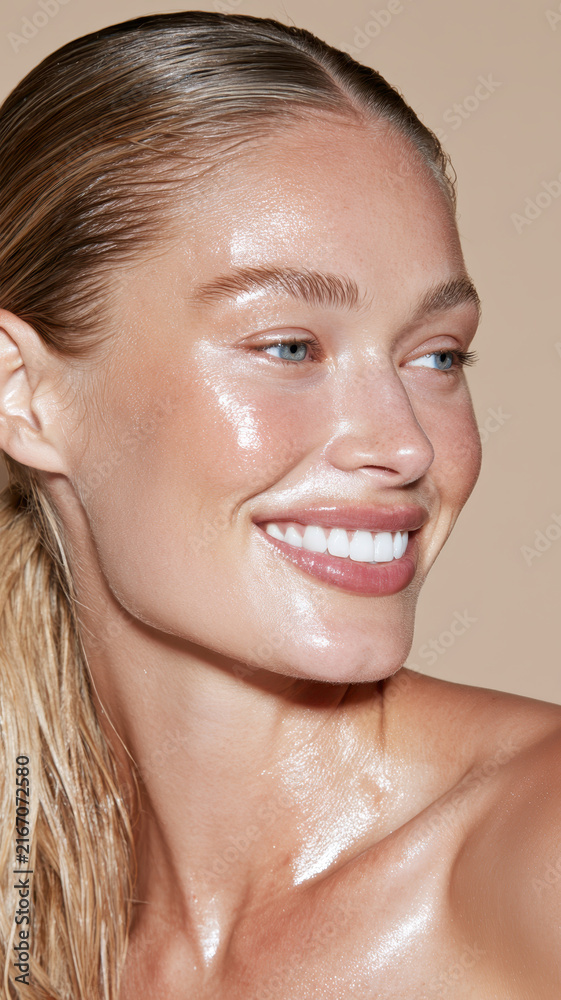 Obraz premium Healthy young woman smiling, presenting natural dewy skin and hair, radiating freshness, hydration, and beauty, promoting wellness, skincare, and natural glow