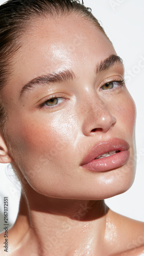Woman feeling refreshing hydration on her face, showcasing natural healthy skin with a dewy glow and wet hair, promoting beauty, wellness, and self care concepts