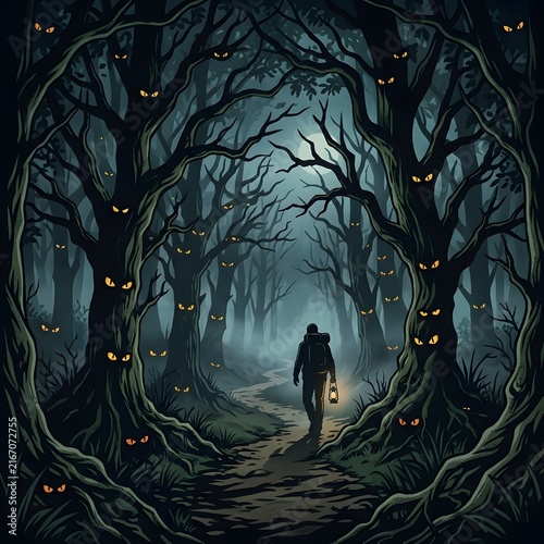 Lone traveler with lantern walking through a dark haunted forest with glowing eyes in trees