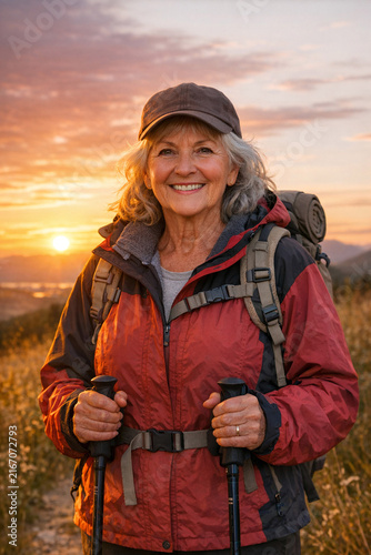Woman hiker on trail at sunset