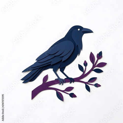 Black crow perched on purple branch with green leaves isolated on white background