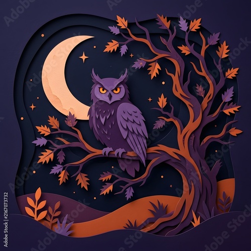 Paper cut owl on tree branch with crescent moon night landscape illustration