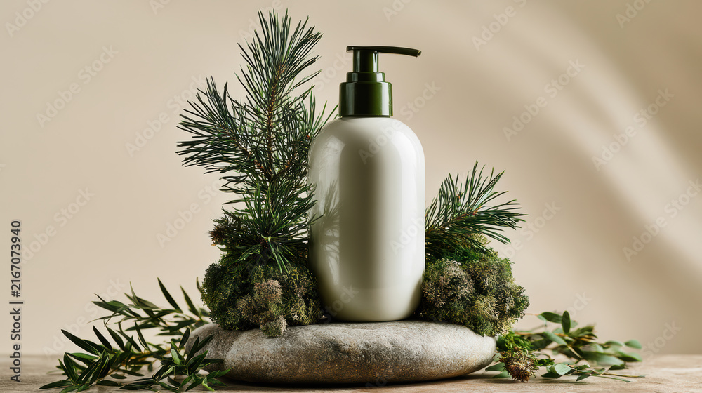 Fototapeta premium White bottle with green pump pine branch moss stone natural skincare eco friendly organic cosmetic clean minimalist design