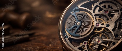 Skeleton watch movement with gears and hairspring displays mechanical craftsmanship on rustic wooden workbench for horology study.