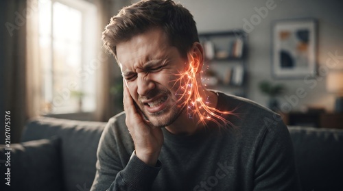 Man grimacing in pain with glowing nerve pain radiating from ear and jaw down neck, representing severe discomfort and discomfort, man grimacing in pain.