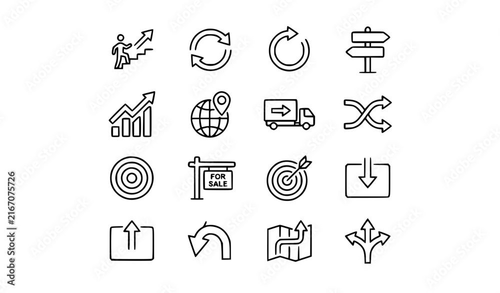 Fototapeta premium 16 Modern Arrow Direction Route and Navigation Editable Vector Icons