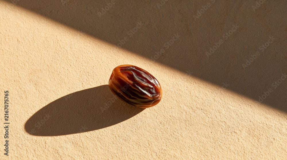 Obraz premium A minimalist commercial composition featuring a single date palm fruit positioned on a smooth sandstone background with dramatic architectural shadows and premium advertising copy space