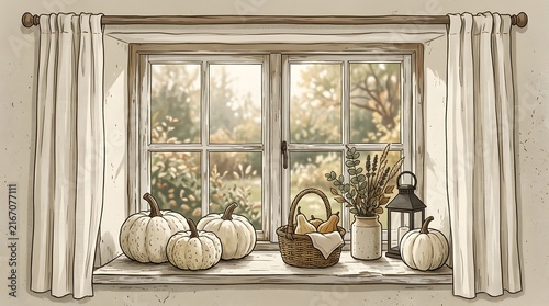 White pumpkins and autumn decor on a rustic window sill with soft natural light.