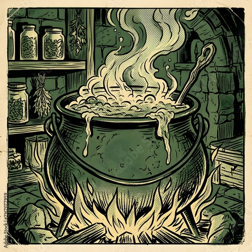 Witch cauldron boiling over fire in a dark dungeon, fantasy potion brewing illustration.