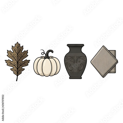 Autumn harvest icons with pumpkin, oak leaf, gothic vase and linen napkin on white background