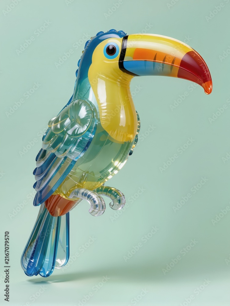 Naklejka premium A striking toucan recreated as a transparent inflatable plastic sculpture, oversized curved colorful beak, rounded body and folded wings, realistic translucent wrinkles and layered feather-like folds