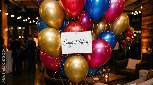 A vibrant and colorful balloon bouquet creates a festive atmosphere for a special celebration or joyous occasion indoors