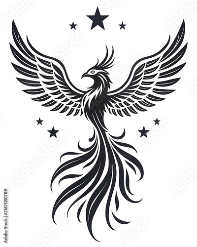 Majestic phoenix bird with outspread wings and tail feathers