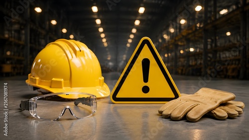 Industrial safety equipment yellow hardhat warning triangle sign safety goggles and leather gloves on warehouse concrete floor illustrating occupational protection.