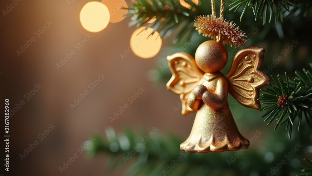 Fototapeta premium Angel Ornament With A Tinsel Halo Slightly Crooked Hanging On A