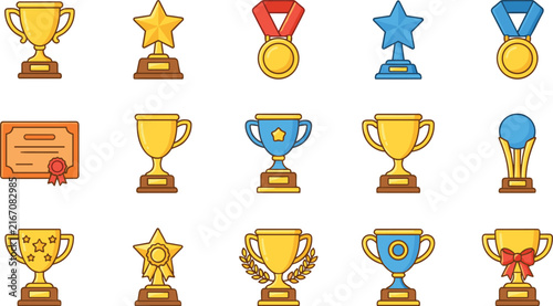 Award Trophy and Medal Collection Set with Gold Cups, Stars, Certificates and Achievement Symbols Vector Illustration