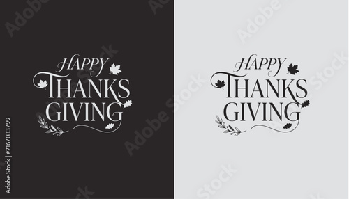 Happy Thanksgiving Calligraphy Typography Logo with Leaf Flourishes in Black and White