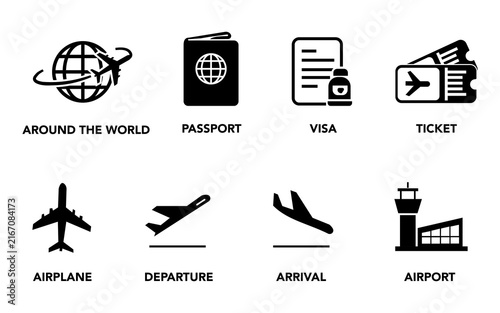 Travel icon set featuring airplane passport and global elements