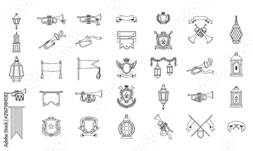 Canvastavla Medieval trumpet set and vintage banners with heraldic shields and ancient lante