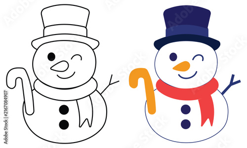 Fotografie Vector Christmas illustration of set of cartoon happy snowman with different face, Snowman Icon Winter Cheer in Flat Lineal Color Style