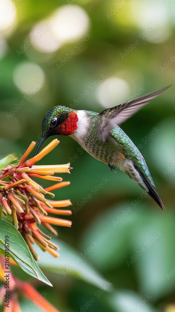 Naklejka premium Ruby throated hummingbird feeding on orange flower, vibrant green feathers, blurred nature background, delicate, energetic, closeup