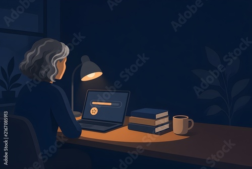 Senior woman learning online at night for career change