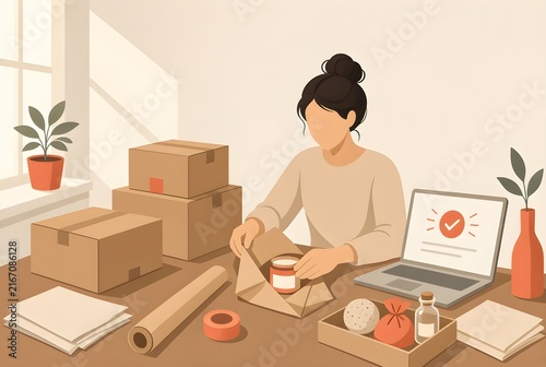 Woman wrapping jar in kraft paper for home business
