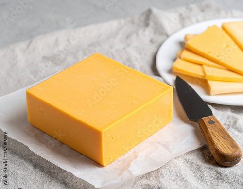 Cheddar cheese block with slices and knife