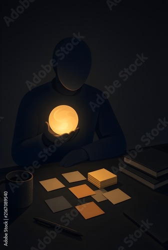 Hand holding glowing orb over color swatches