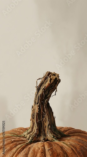Macro shot of a rustic pumpkin stem on a neutral background for autumn harvest themes.