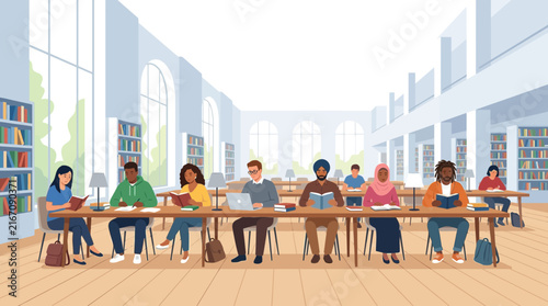 Diverse people studying in a bright library interior