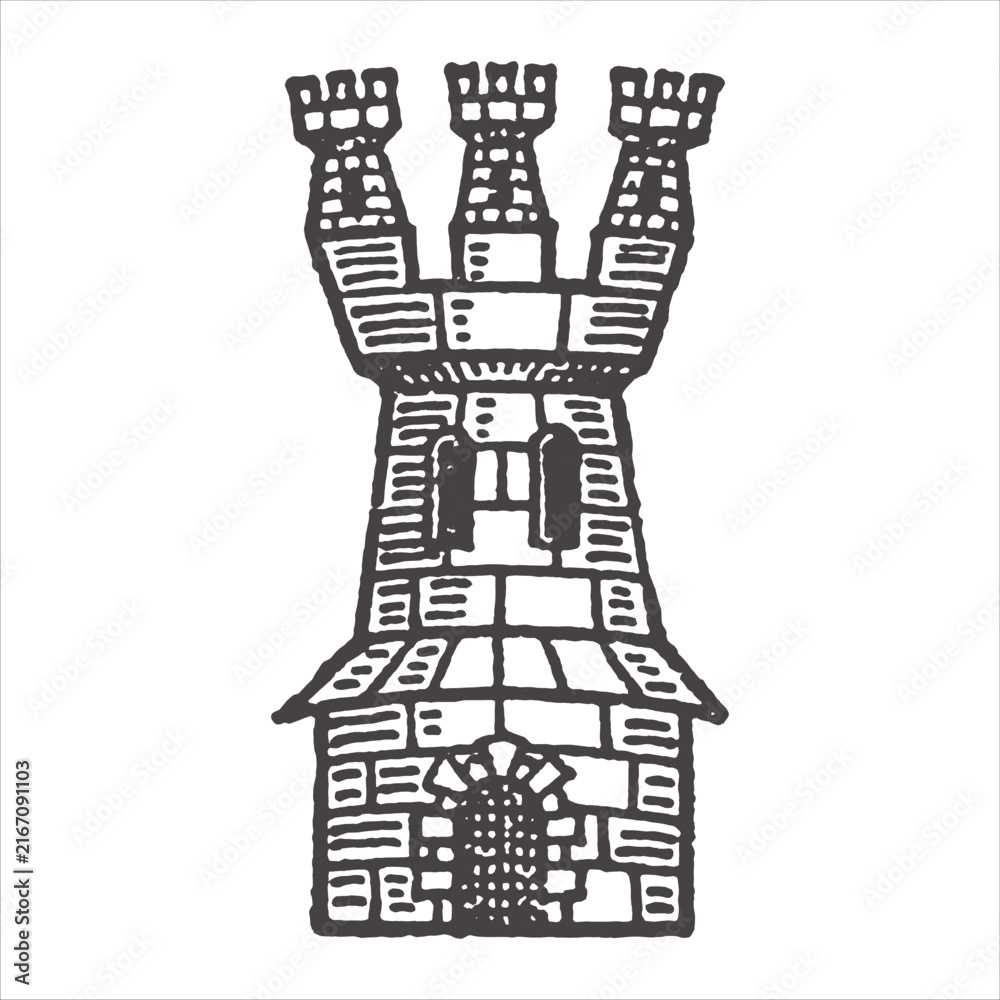 Naklejka premium Detailed hand drawn illustration of a medieval stone castle tower with three turrets