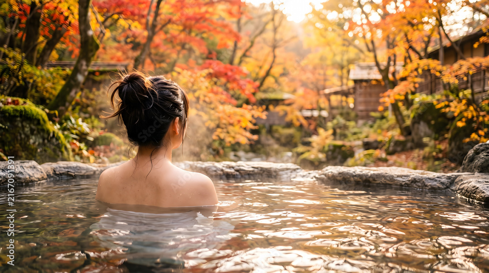 Fototapeta premium Rear view of a woman relaxing in an outdoor hot spring surrounded by autumn leaves.
