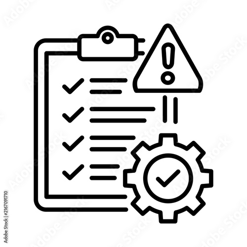 Audit checklist clipboard with warning and gear line icon