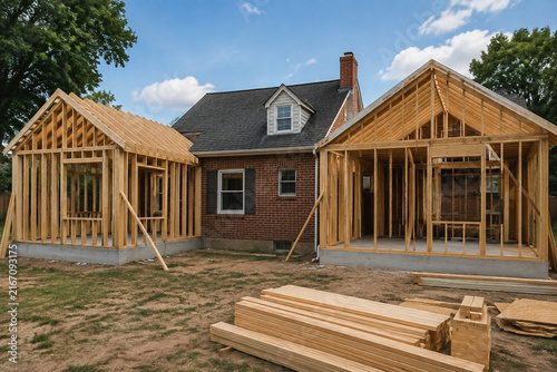 Brick house with wooden frame additions and construction lumber in yard, home renovation and building concept