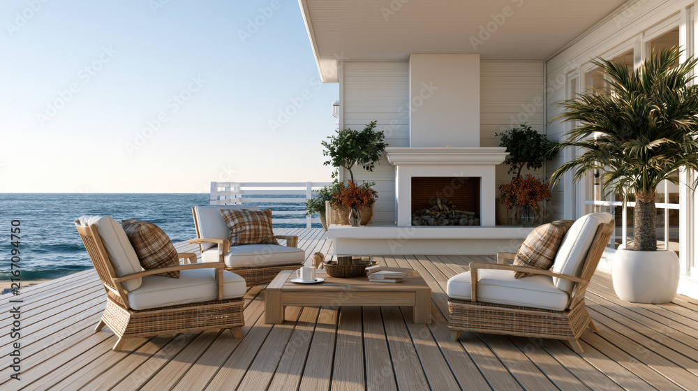Naklejka premium Coastal outdoor patio with wicker armchairs, wooden table, fireplace, ocean view, and potted plants, creating serene relaxing atmosphere