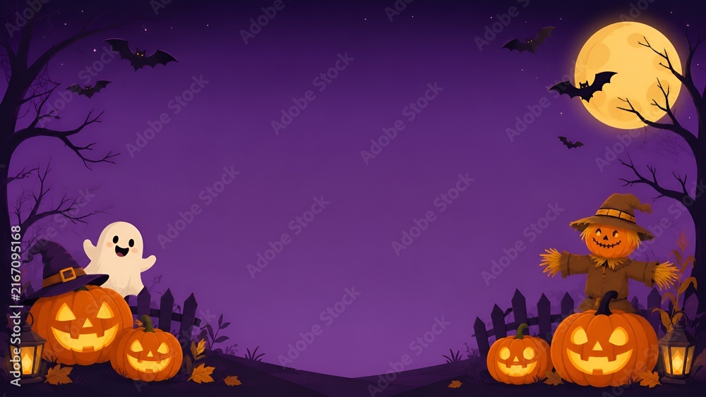 Fototapeta premium Halloween Background with Glowing Pumpkins and Full Moon