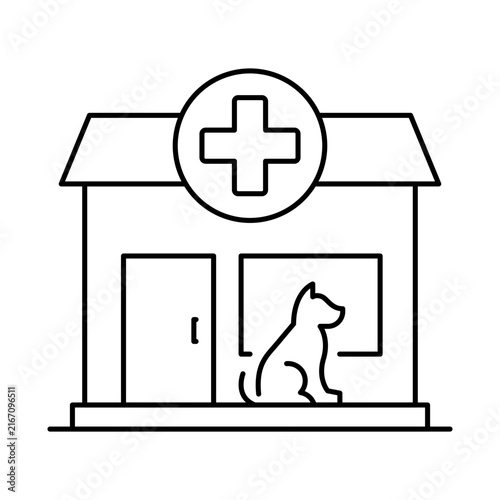Veterinary Clinic Building Line Icon - Modern Vet Hospital Front with Red Cross and Dog Window Silhouette. Vector Illustration