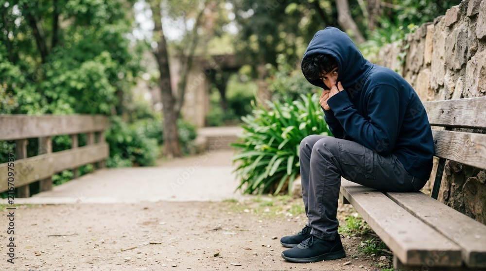 Fototapeta premium Adolescent boy sitting on a bench while pulling a hoodie over his face outdoors. Teen wearing a hooded sweatshirt in a park setting