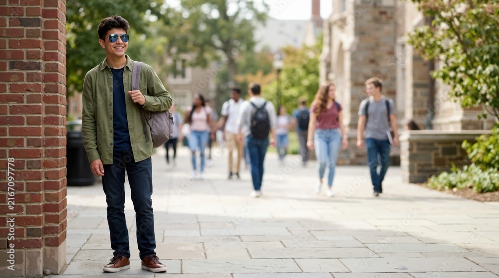 Obraz premium Adolescent student wearing mirrored sunglasses standing on university campus. Young male with backpack outside college building