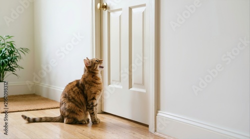 Tabby cat meowing at a closed door. Domestic pet waiting to enter a room