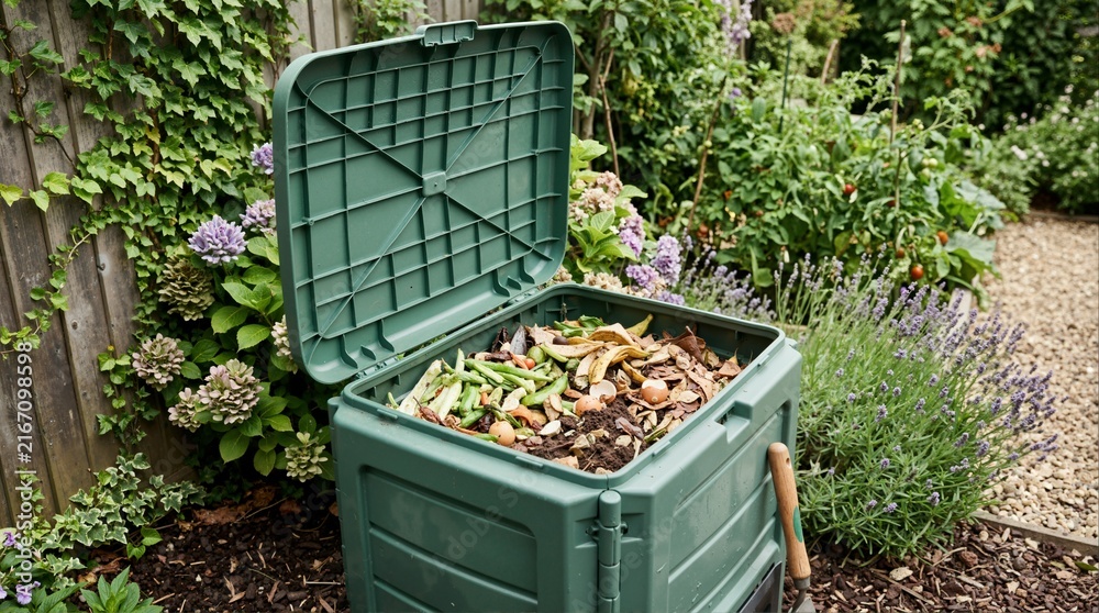 Fototapeta premium Open green compost bin filled with organic kitchen food waste in a garden. Domestic composting box with vegetable scraps