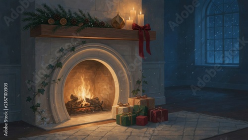 Traditional stone fireplace burning with warm fire in a festive winter living room
