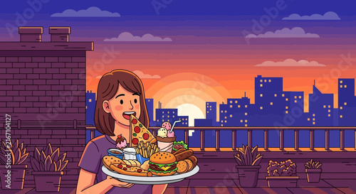 Young woman enjoying traditional Japanese meal outdoors at dusk.