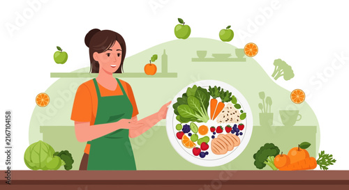 Young woman holding a basket of fresh vegetables and fruits.