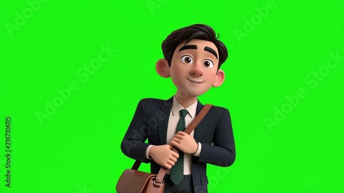 Animated businessman in a suit smiling and adjusting his shoulder bag on a green screen background, professional office worker character for chroma key business video editing