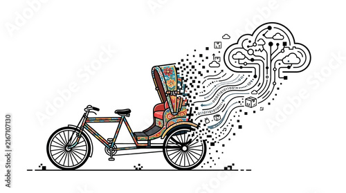 Foto Colorful rickshaw vector illustration transforming into digital cloud networking